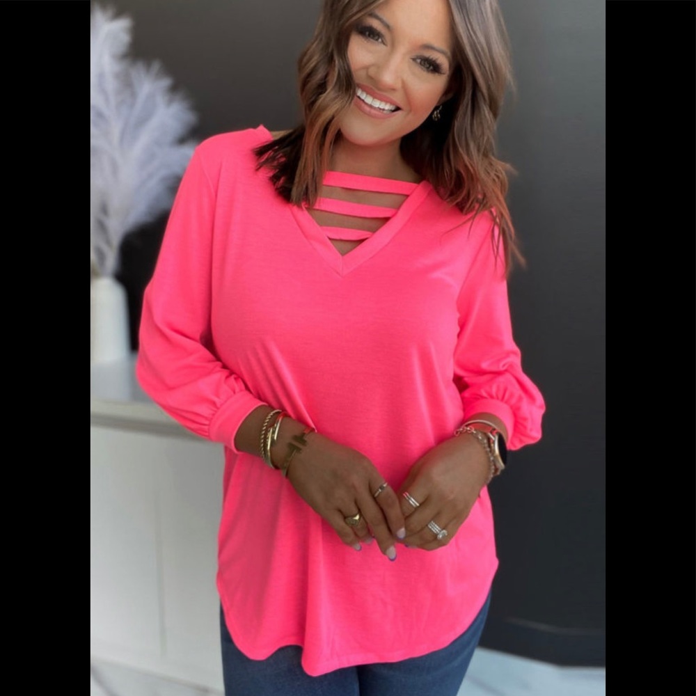 Women's Neon Pink Strappy V-Neck Top